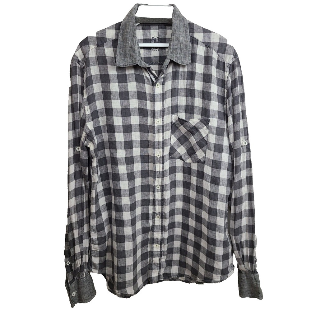 Bugatchi‎ Uomo Linen Shirt Mens Medium Gray Black Plaid Long Sleeve Button Up